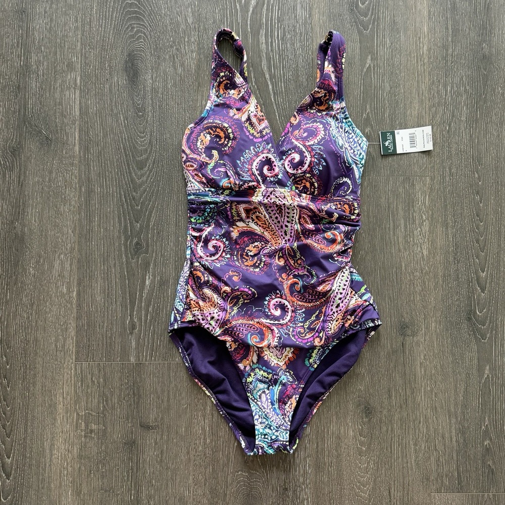 Lauren Ralph Lauren NWT Paisley Ruched One Piece Underwire Swimsuit Purple 6